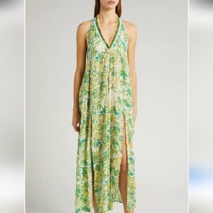 Poupette St Barth Nava Print Fringe Cover-Up Maxi Dress in Green Orchid
